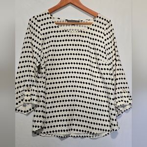 Classic Black & Cream Cross/Dot Pattern Women's Blouse 3/4 Sleeve Buttons